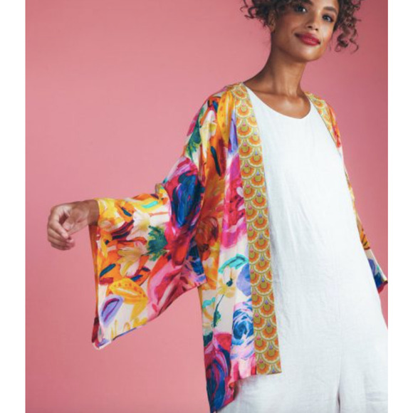 SOLD*** Powder Kimono Jacket Floral Frenzy Modal Boho Hippie Art to Wear - Picture 2 of 8